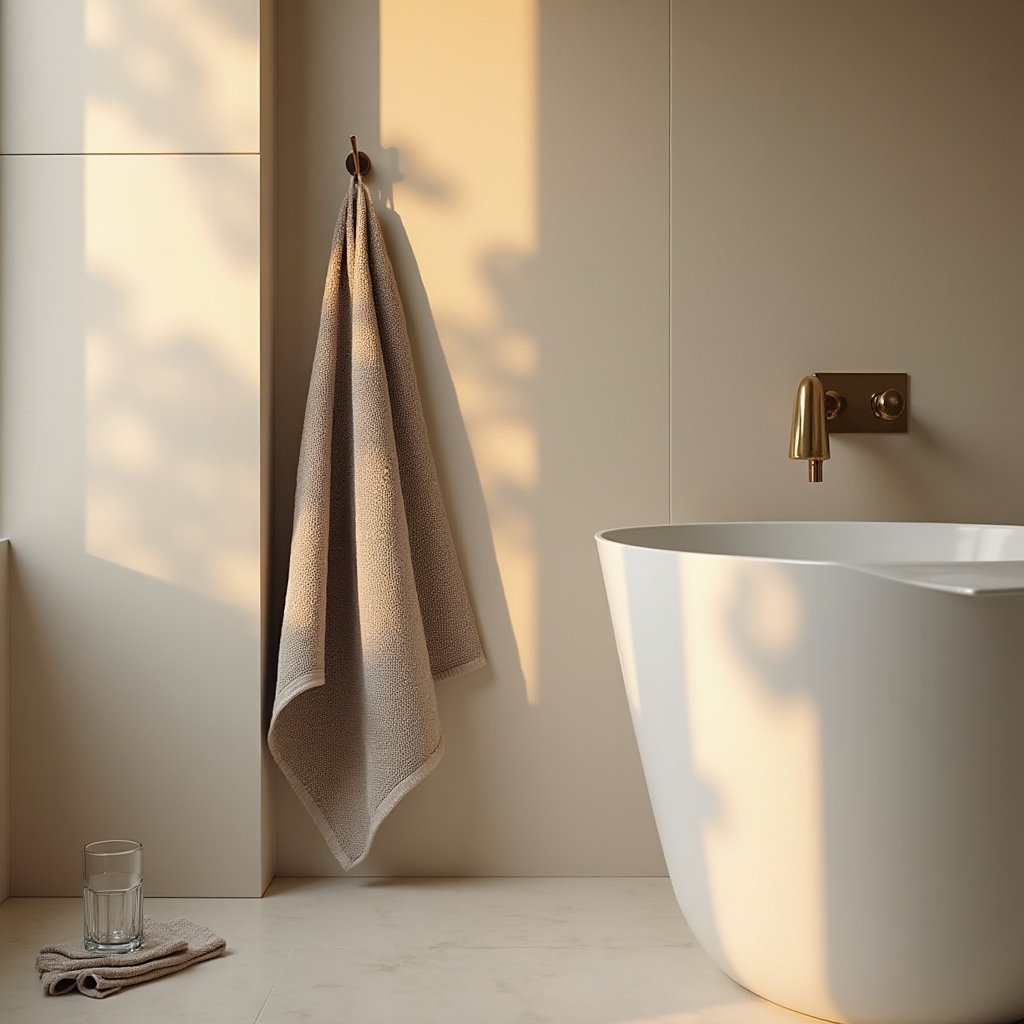 Badezimmer mit Leinenhandtüchern in gedeckten Farben