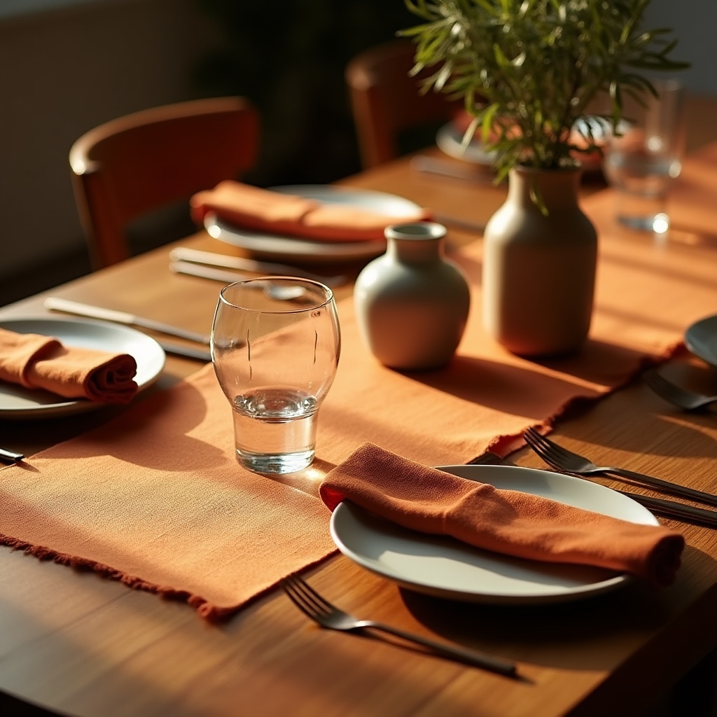 Gedeckter Tisch mit Leinenserviette und Tischläufer